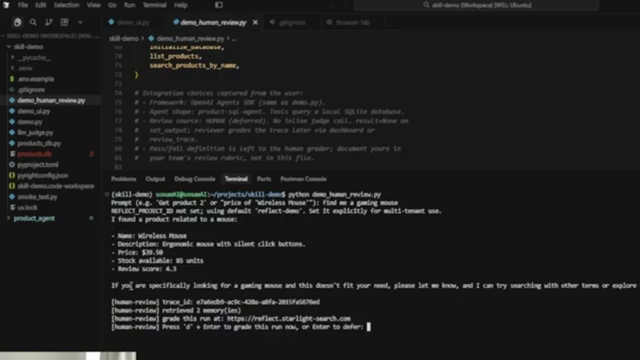 Terminal chạy demo_human_review.py, agent tìm thấy Wireless Mouse sau khi retrieve 2 memory
