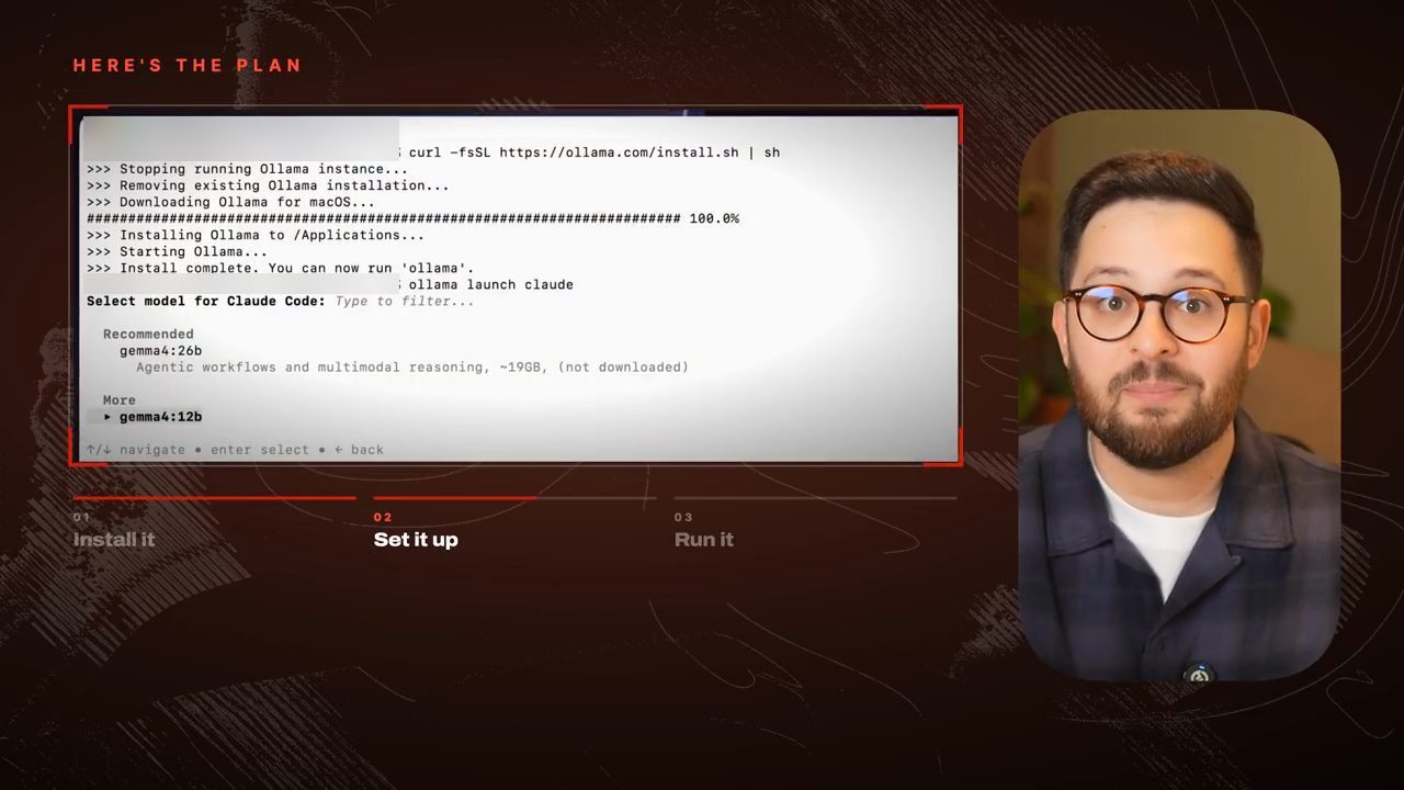 Terminal: cài Ollama bằng curl rồi chạy ollama launch claude, menu chọn model cho Claude Code