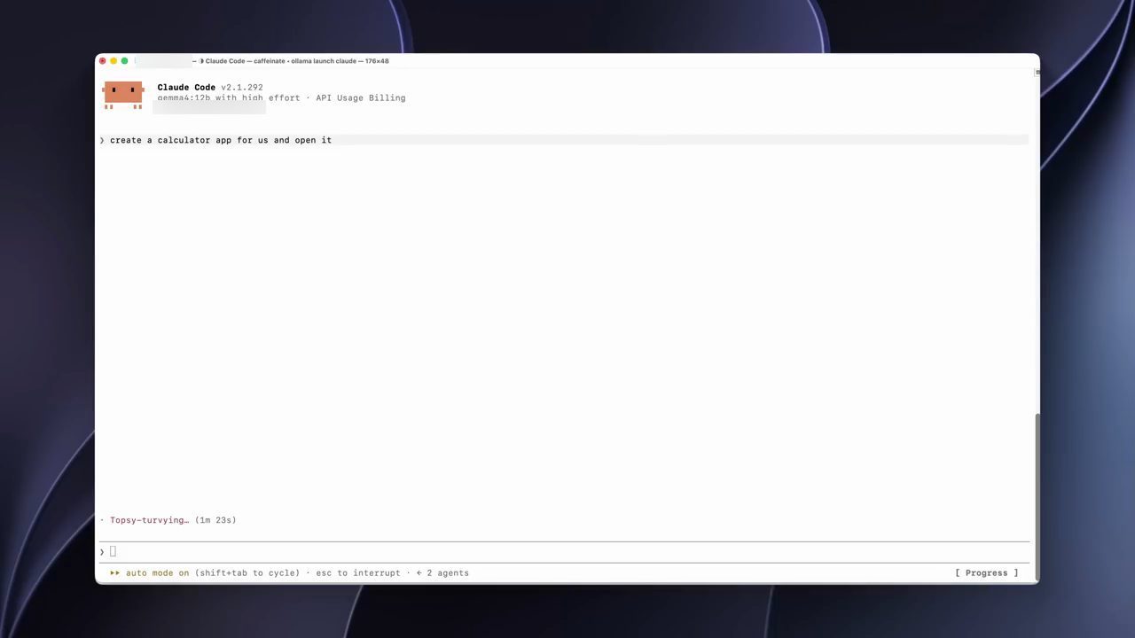 Claude Code v2.1.292 chạy gemma4:12b with high effort, đang xử lý yêu cầu tạo calculator app