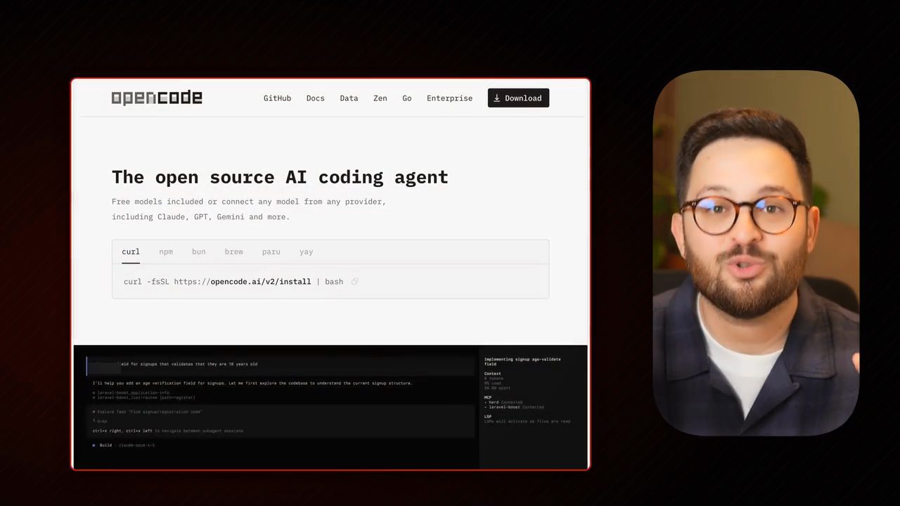 Trang chủ OpenCode: The open source AI coding agent, với lệnh cài bằng curl