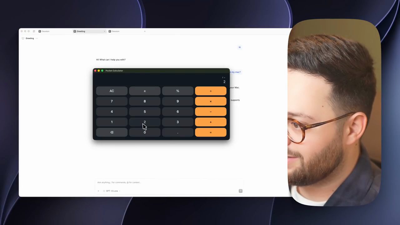 App Pocket Calculator do OpenCode tạo, mở đè lên cửa sổ OpenCode