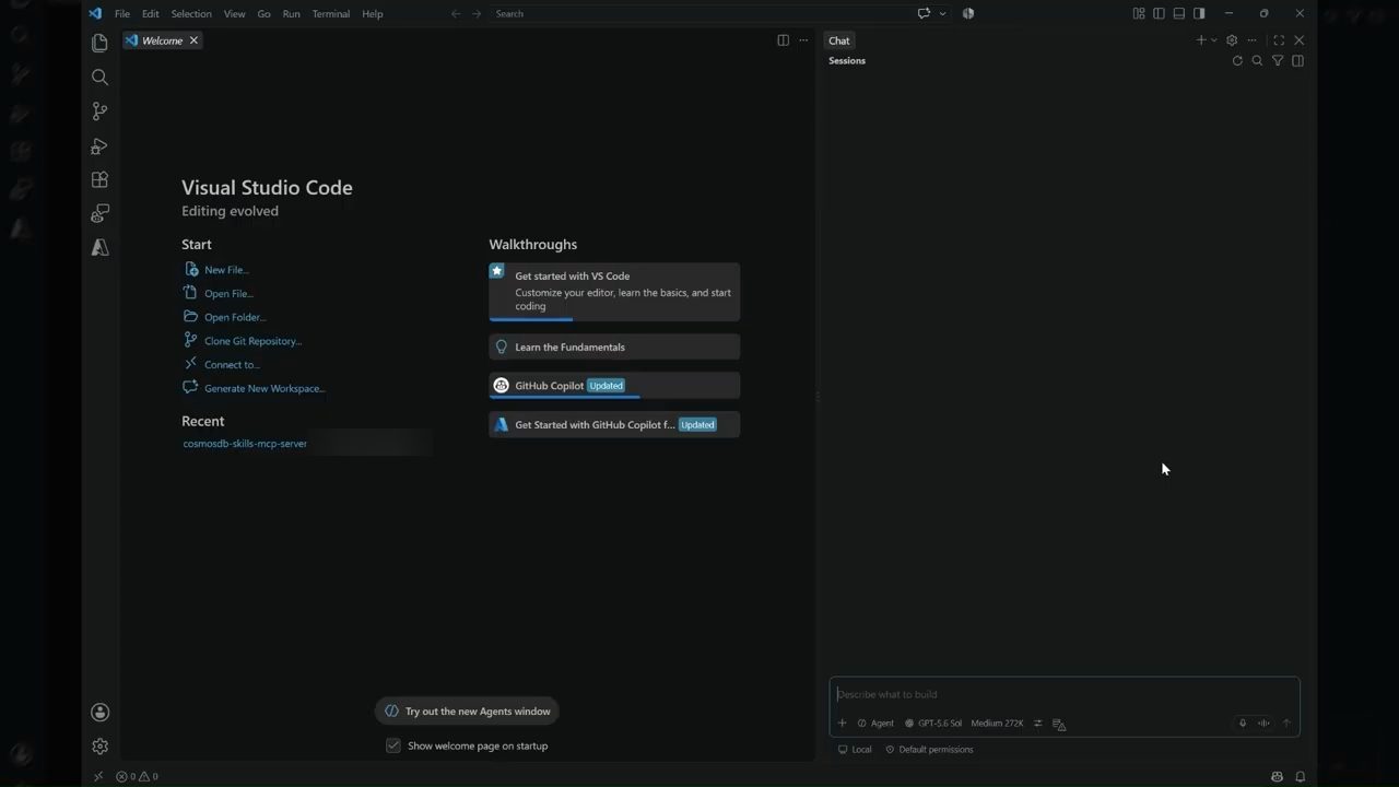 VS Code mở trang Welcome, bên phải là khung Chat trống với ô nhập Describe what to build