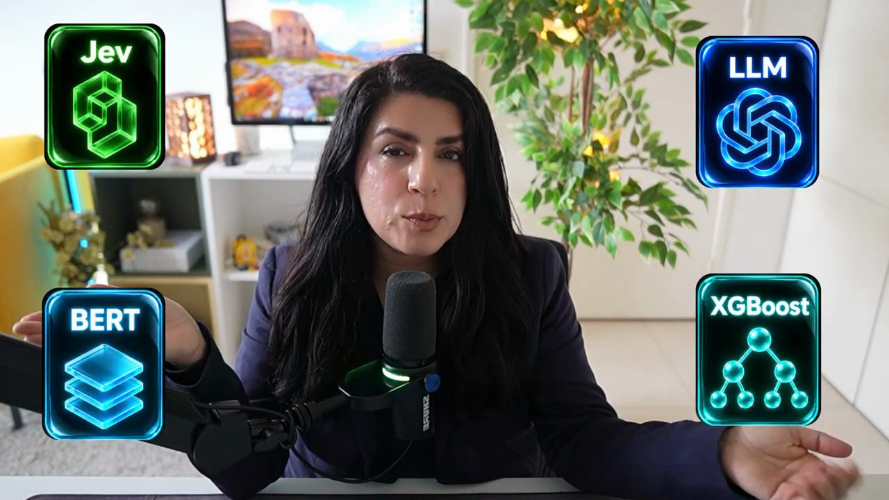 Maryam Miradi ngồi trước micro, bốn biểu tượng Jev, LLM, BERT, XGBoost ở bốn góc