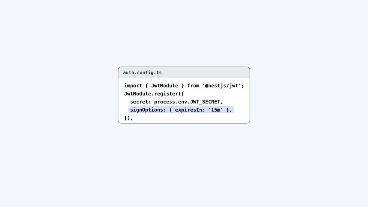 Một file auth.config.ts ngắn đăng ký JwtModule, dòng signOptions expiresIn 15m được tô sáng