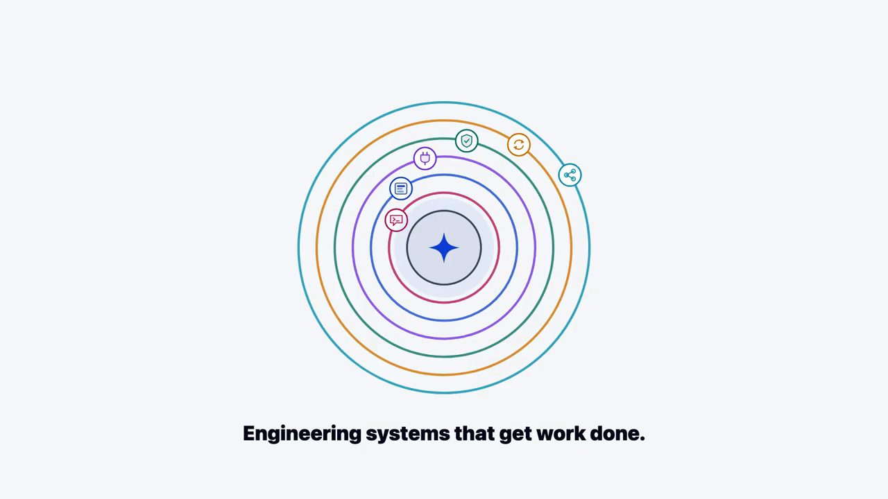 Sáu vòng tròn đồng tâm nhiều màu quanh biểu tượng model, mỗi vòng có một icon; dòng chữ Engineering systems that get work done