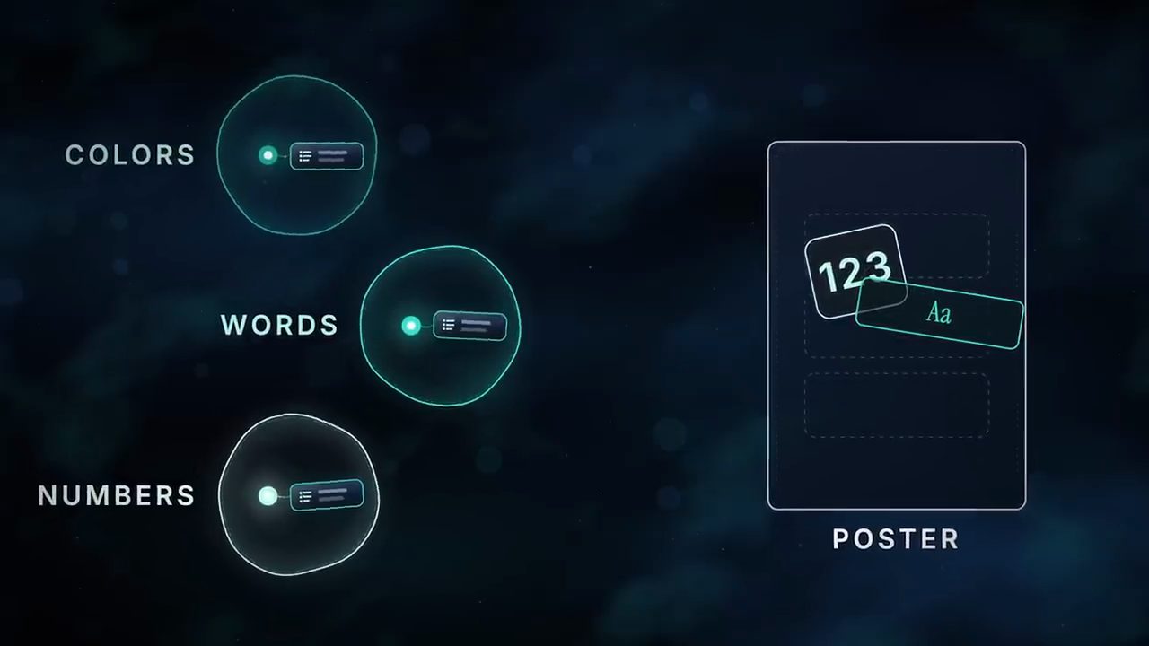 Ba vòng tròn COLORS, WORDS, NUMBERS, mỗi vòng có một thẻ nhỏ, bên phải là khung POSTER với thẻ 123 và Aa đang được đặt vào
