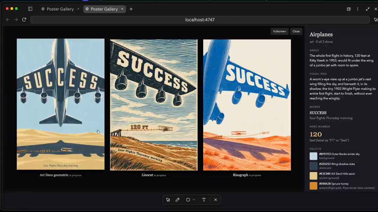 Ba poster Airplanes chữ SUCCESS theo ba style Art Deco geometric, Linocut, Risograph, bên phải là bảng Angle, Visual idea, Words, Hero number 120 và Palette