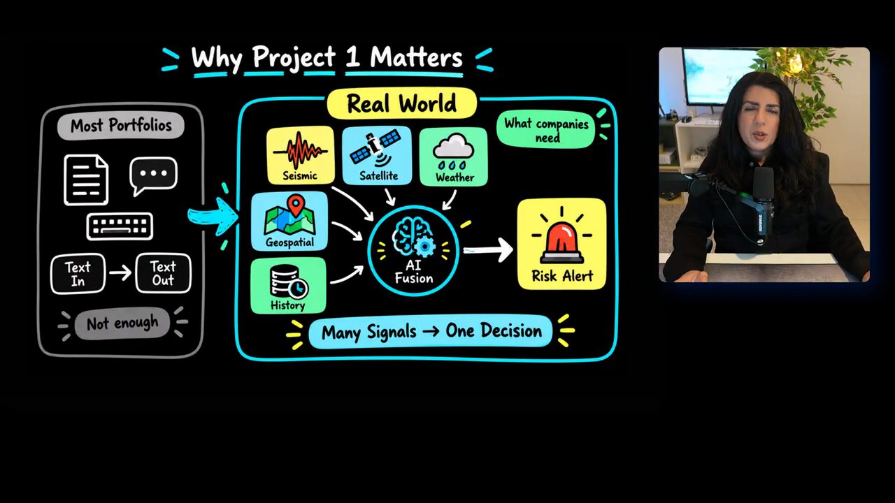 Slide Why Project 1 Matters so sánh Most Portfolios text in text out với Real World nhiều tín hiệu hợp thành Risk Alert
