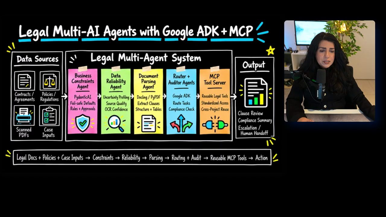 Sơ đồ Legal Multi-AI Agents with Google ADK + MCP với năm khối và output Clause Review, Compliance Summary, Escalation / Human Handoff