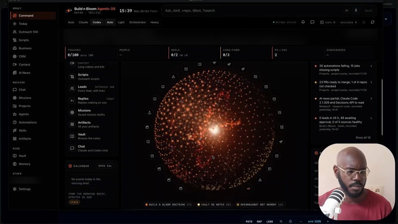 Màn hình Command của Build n Bloom Agentic OS với quả cầu node ở giữa, menu bên trái và danh sách việc bên phải