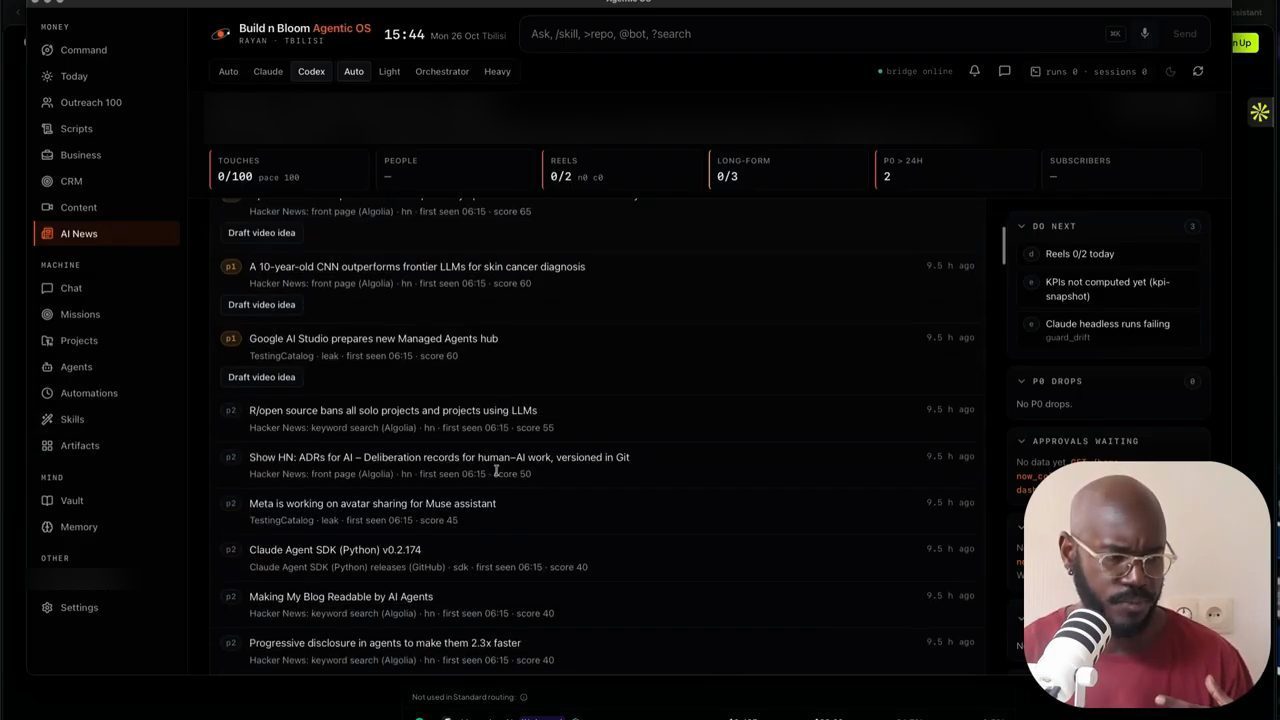 Trang AI News với danh sách tin có nhãn p1, p2, nguồn Hacker News, TestingCatalog và GitHub, mỗi tin có nút Draft video idea