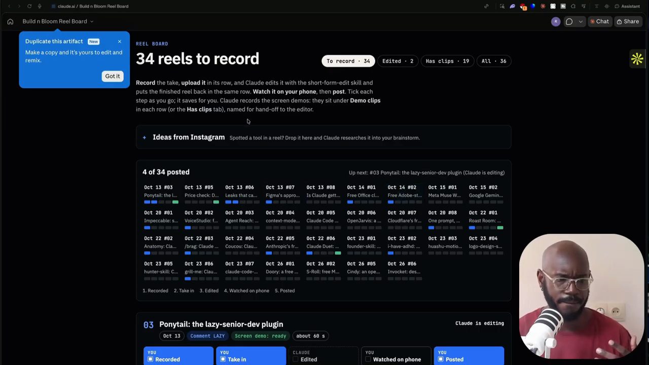 Artifact Build n Bloom Reel Board trên claude.ai: tiêu đề 34 reels to record, lưới các reel theo ngày và các bước Recorded, Take in, Edited, Watched on phone, Posted
