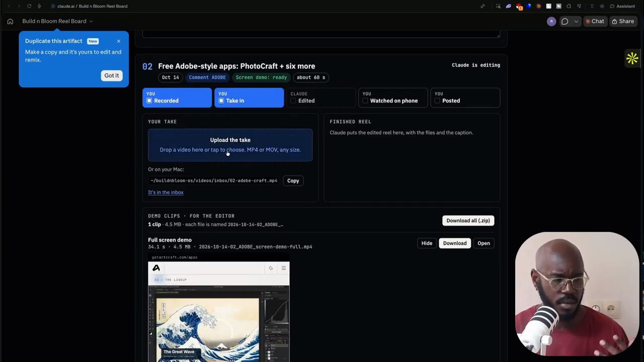 Mục 02 Free Adobe-style apps trên Reel Board: các bước Recorded và Take in đã tick, khung Upload the take, đường dẫn inbox trên máy và phần Demo clips với Full screen demo