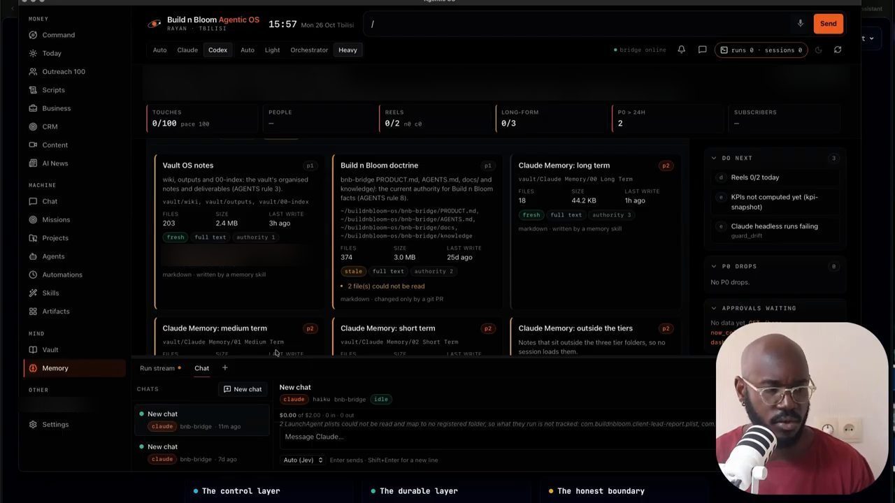 Trang Memory với các thẻ Vault OS notes, Build n Bloom doctrine, Claude Memory long term, medium term, short term và outside the tiers