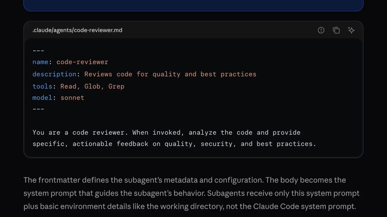 File .claude/agents/code-reviewer.md trong tài liệu Claude Code, gồm frontmatter name, description, tools, model và phần thân là system prompt