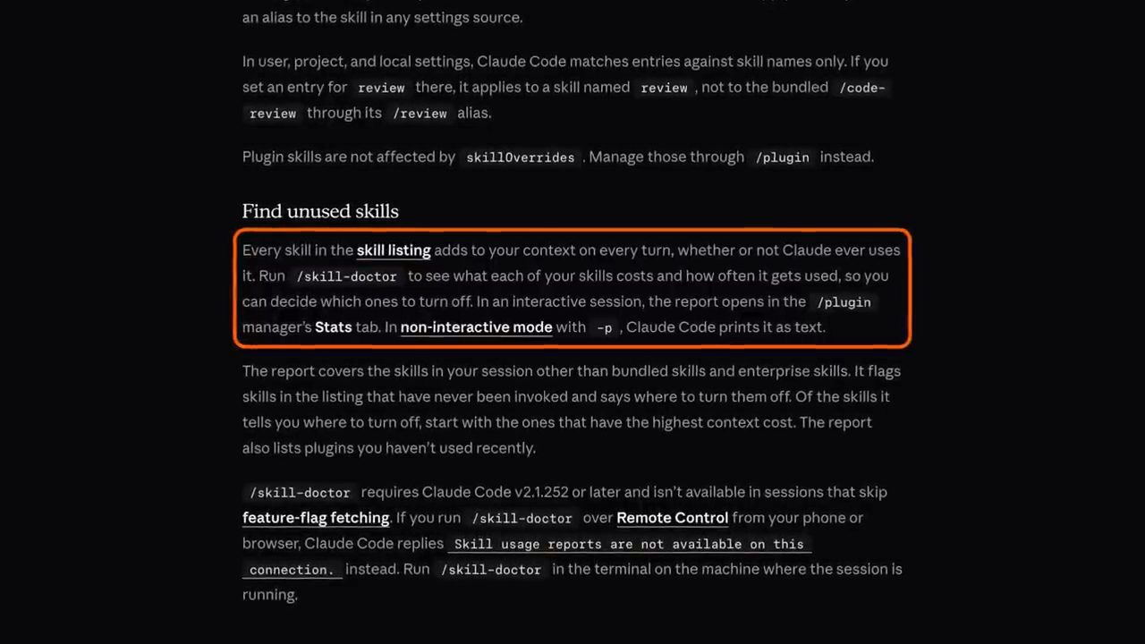 Mục Find unused skills trong tài liệu Claude Code, đoạn về skill listing và /skill-doctor được khoanh