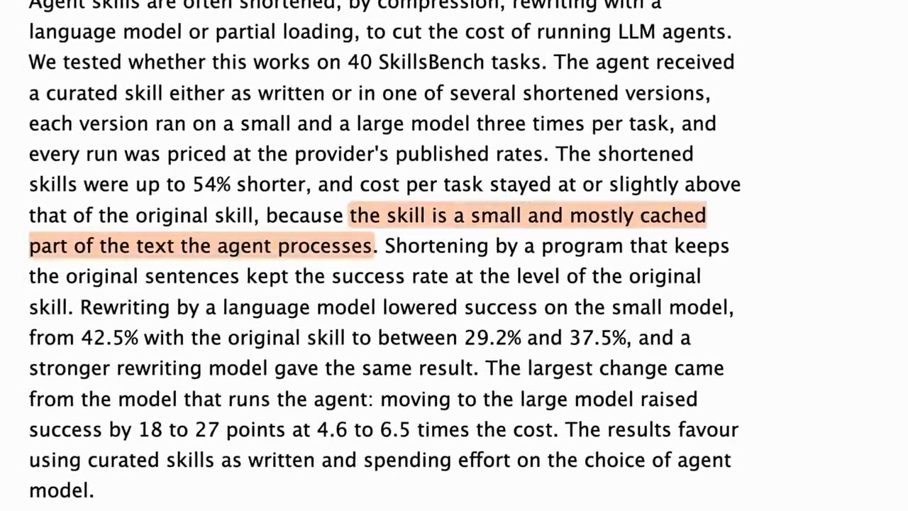Phần tóm tắt paper Shortening agent skills leaves LLM agent cost unchanged, câu về skill nhỏ và phần lớn được cache được tô