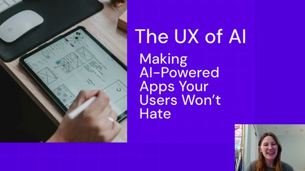 Slide tiêu đề The UX of AI cùng ảnh một người phác wireframe trên tablet, Kathryn ở góc phải