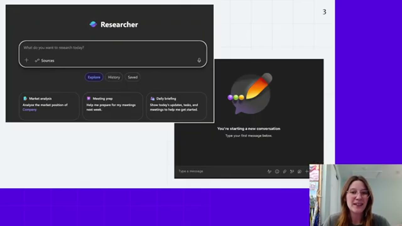 Màn hình new chat của Copilot Researcher agent đặt cạnh màn hình new chat của Microsoft Teams