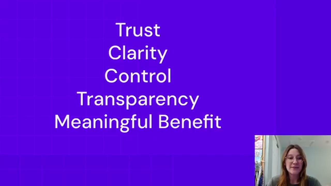 Slide liệt kê năm mục Trust, Clarity, Control, Transparency, Meaningful Benefit