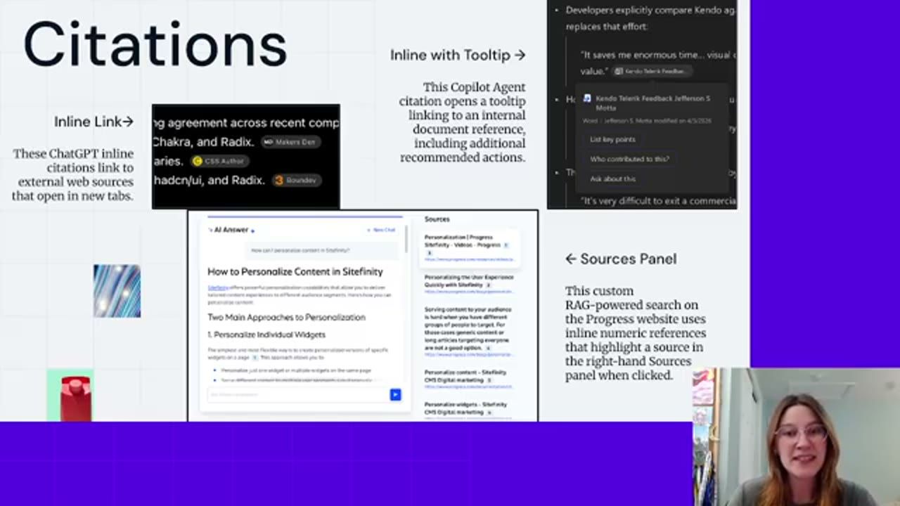 Slide Citations với ba ví dụ: inline link của ChatGPT, tooltip của Copilot Agent và sources panel trên website Progress