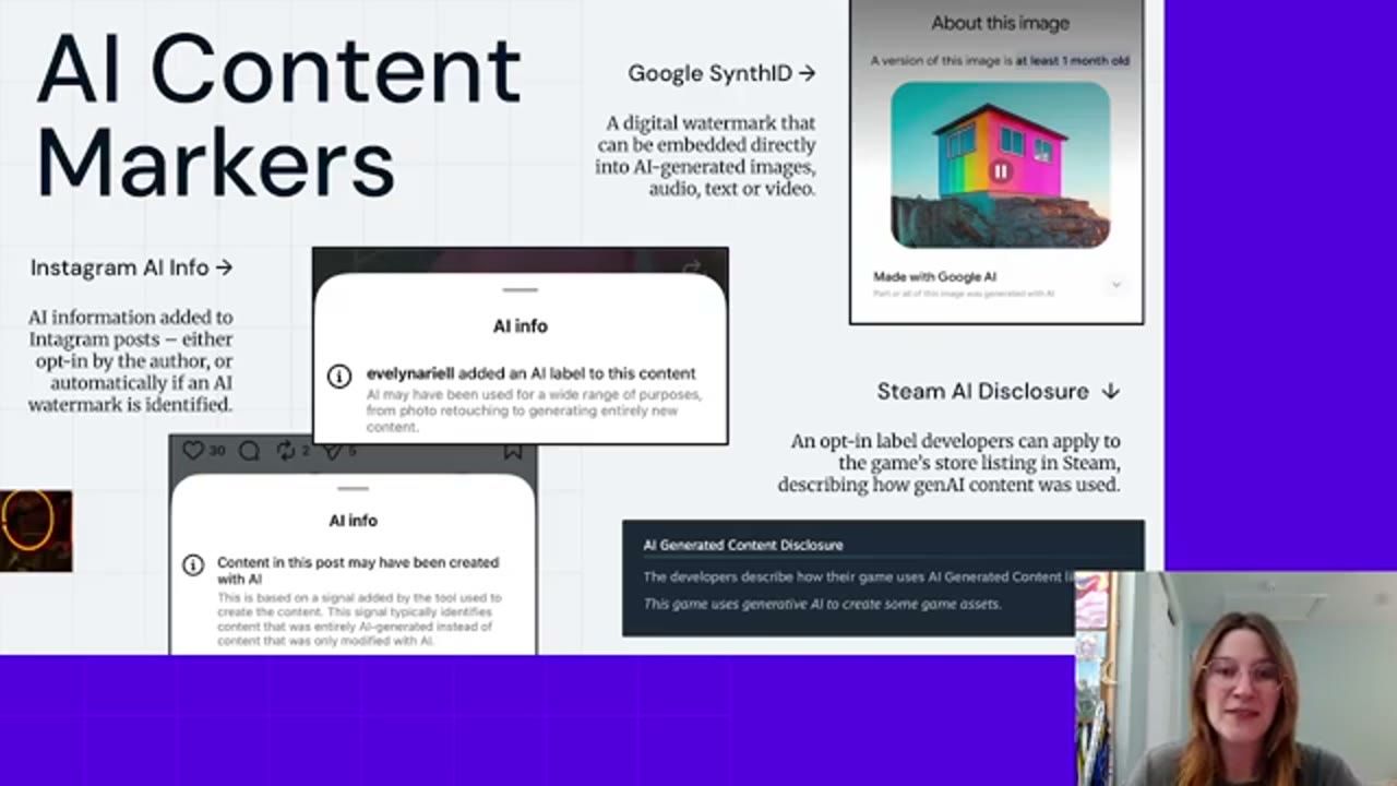Slide AI Content Markers với ví dụ Instagram AI info, Google SynthID và Steam AI disclosure
