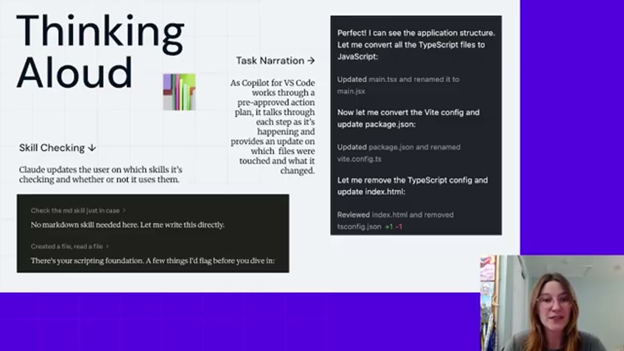 Slide Thinking Aloud với ví dụ skill checking của Claude và task narration của Copilot for VS Code