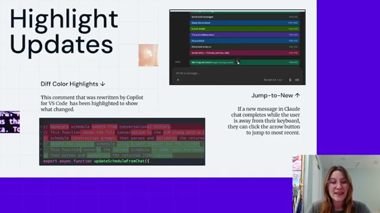 Slide Highlight Updates với ví dụ diff color của Copilot for VS Code và nút jump-to-new trong Claude