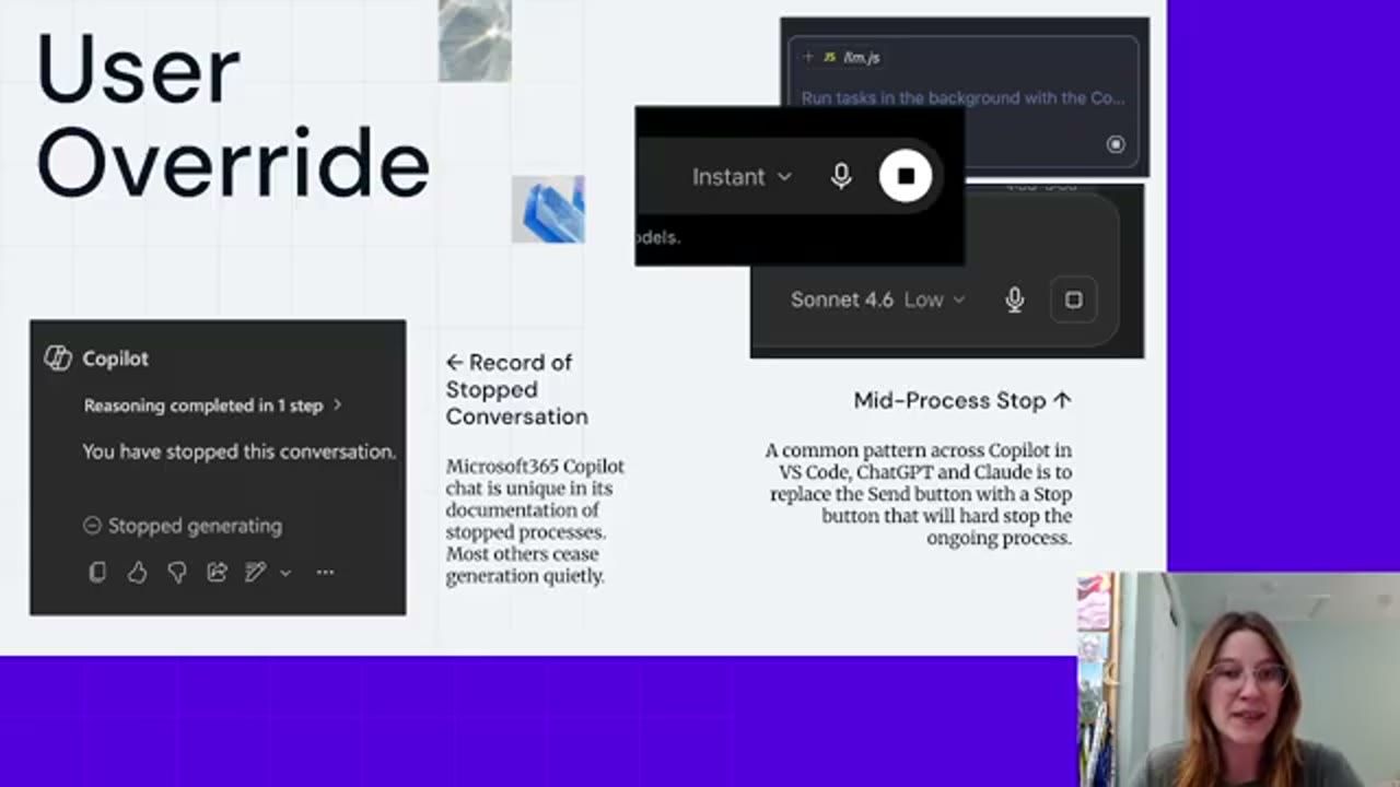 Slide User Override với ví dụ record of stopped conversation của Microsoft 365 Copilot và nút stop giữa chừng