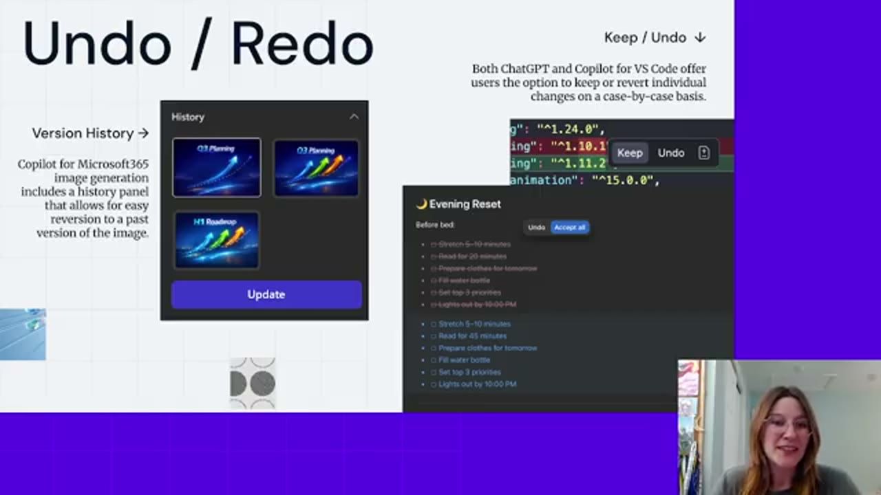 Slide Undo / Redo với version history của Copilot for Microsoft 365 và nút Keep / Undo