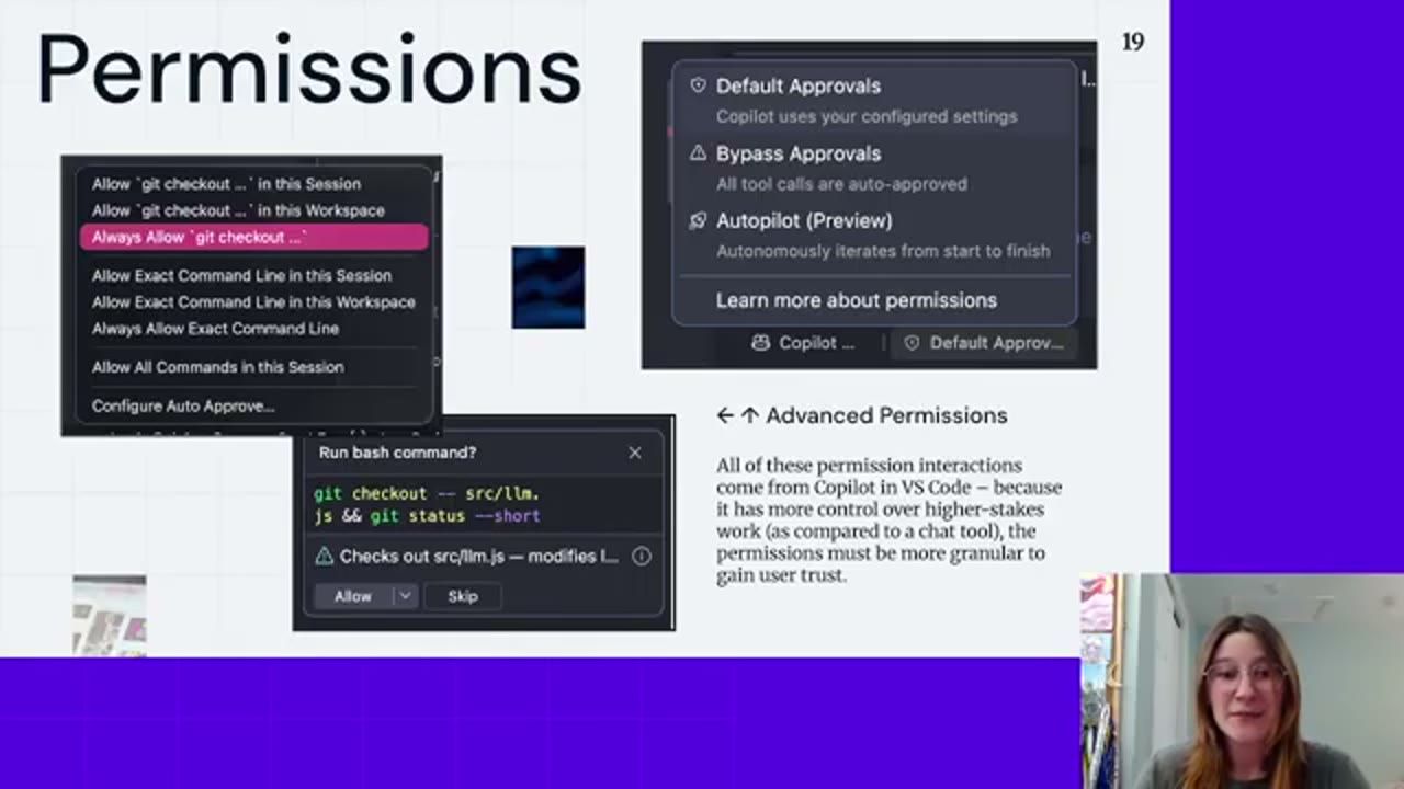 Slide Permissions với các menu phê duyệt của Copilot trong VS Code