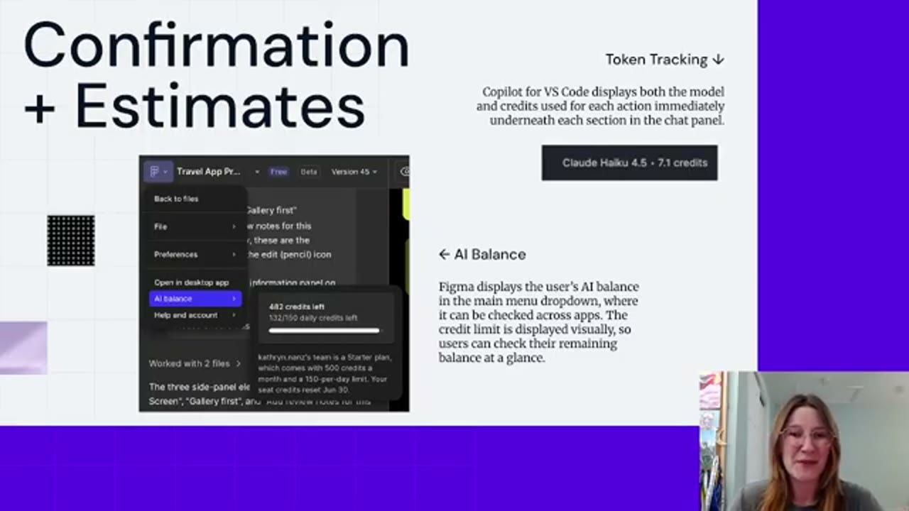 Slide Confirmation + Estimates với AI balance trong Figma và token tracking trong Copilot for VS Code
