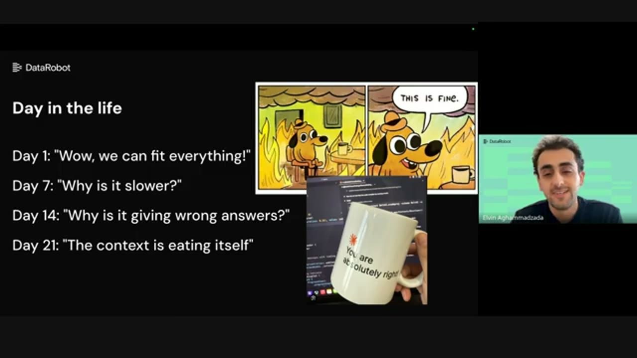 Slide Day in the life với meme This is fine và chiếc cốc You are absolutely right