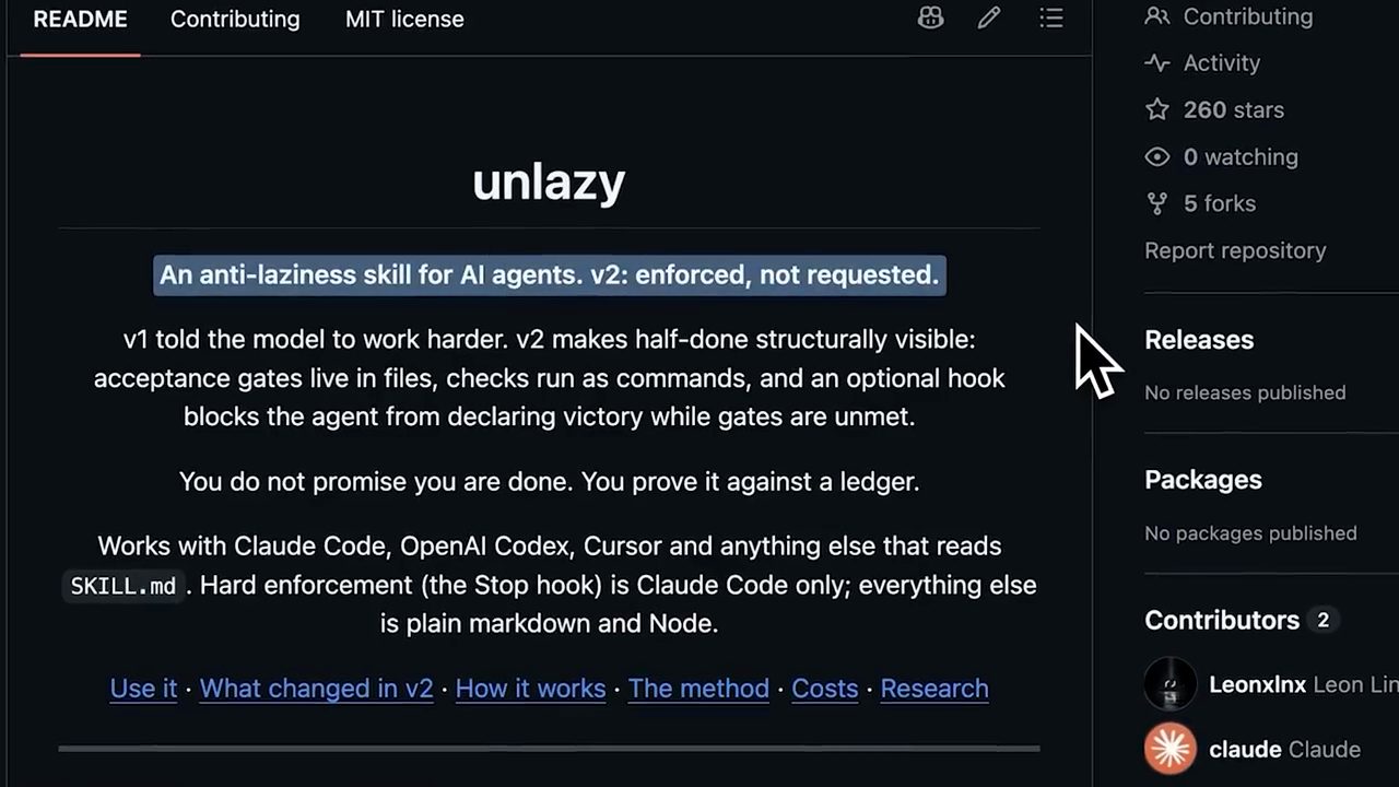README của unlazy: An anti-laziness skill for AI agents. v2: enforced, not requested.
