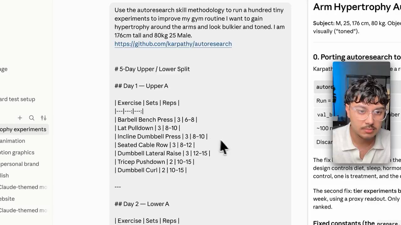 Prompt Autoresearch cho lịch tập gym kèm bảng 5-Day Upper/Lower Split