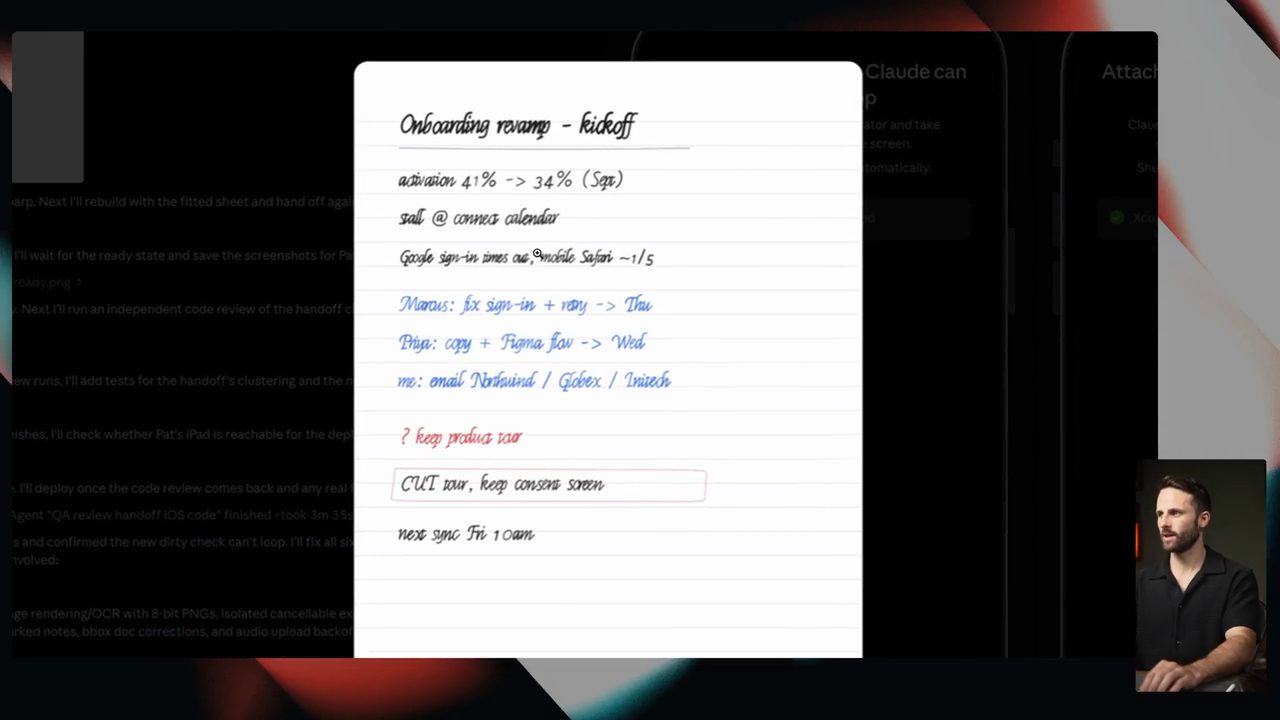 Trang ghi chú mẫu Onboarding revamp - kickoff với các dòng viết tay nhiều màu