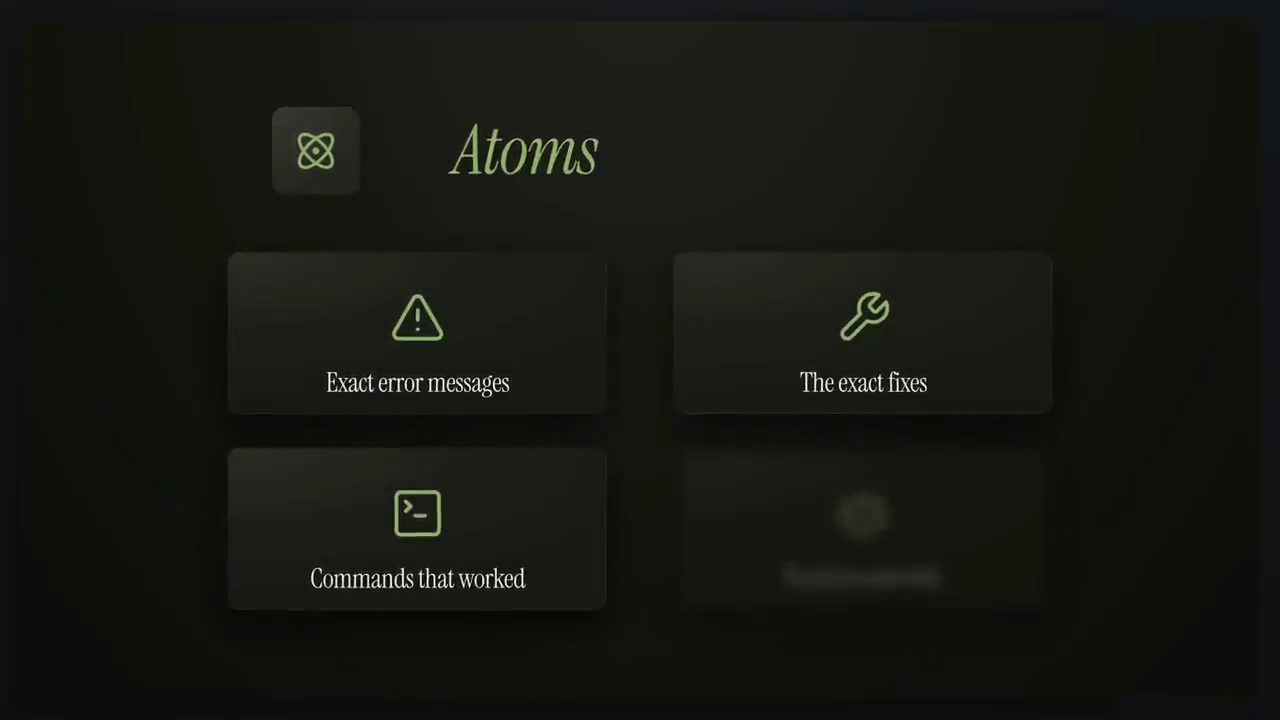 Slide Atoms với ba ô Exact error messages, The exact fixes, Commands that worked và một ô thứ tư đang mờ