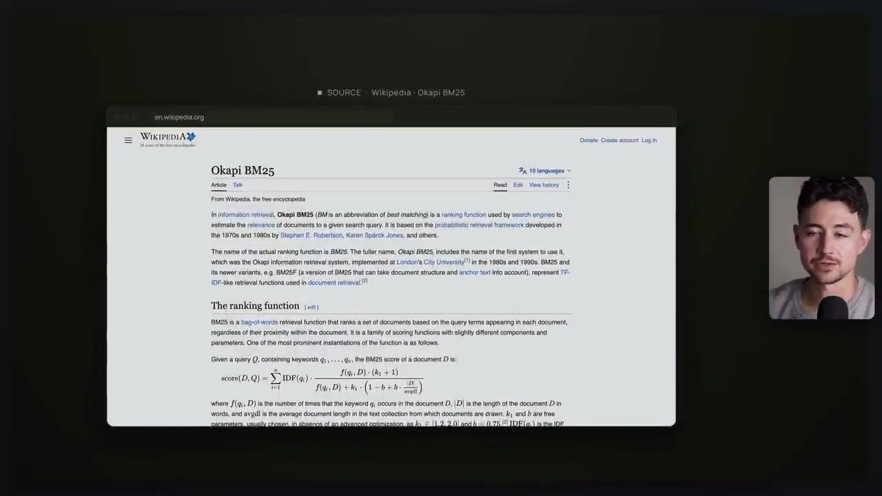 Trang Wikipedia Okapi BM25 với công thức ranking function
