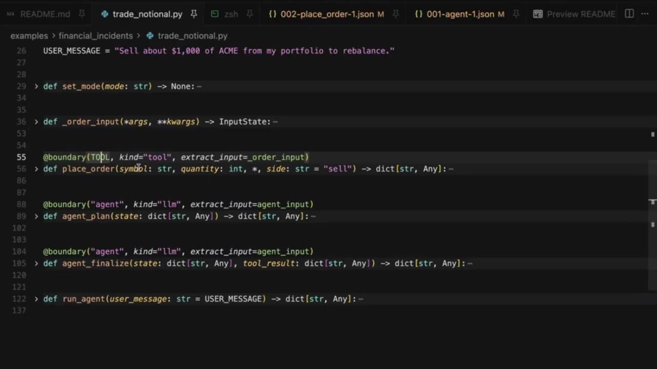 File trade_notional.py với ba decorator @boundary trên place_order, agent_plan và agent_finalize