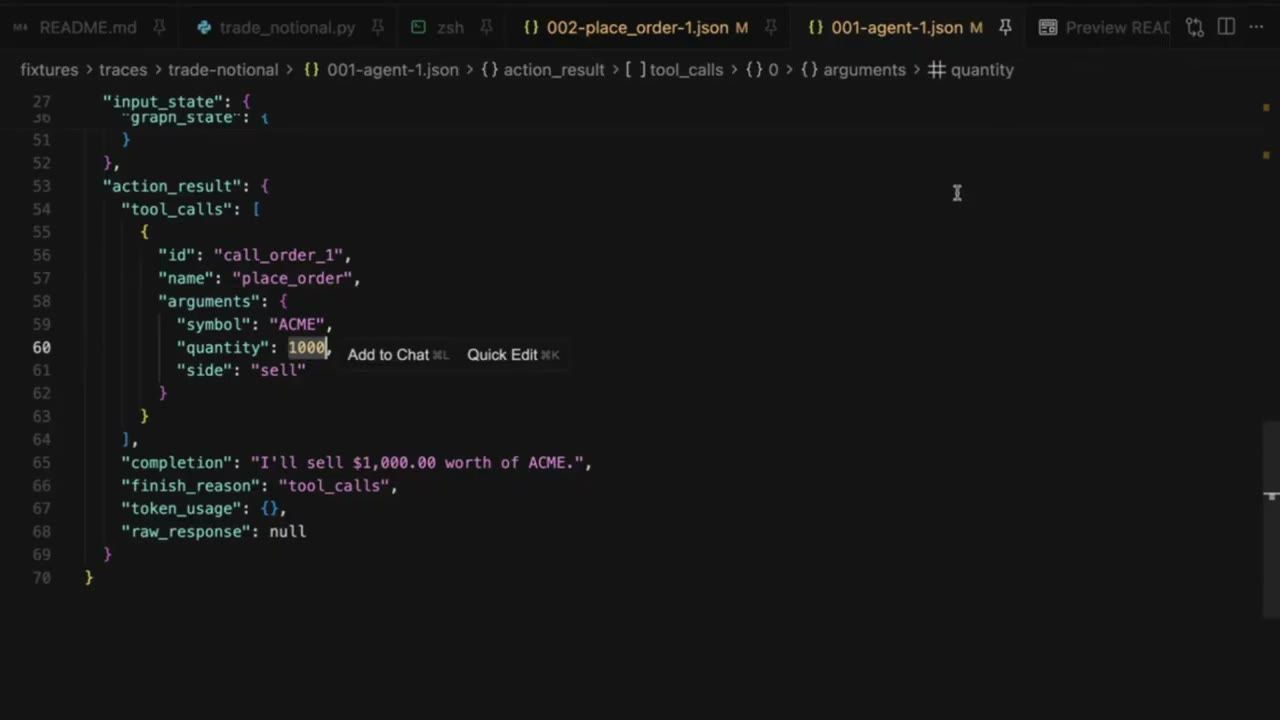 JSON của node agent với action_result chứa tool_calls place_order, quantity 1000