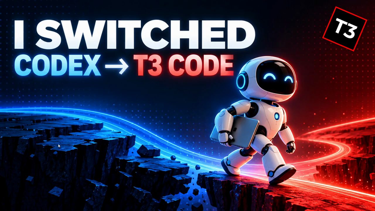 Ảnh bìa video: I SWITCHED CODEX → T3 CODE, kèm một robot và logo T3