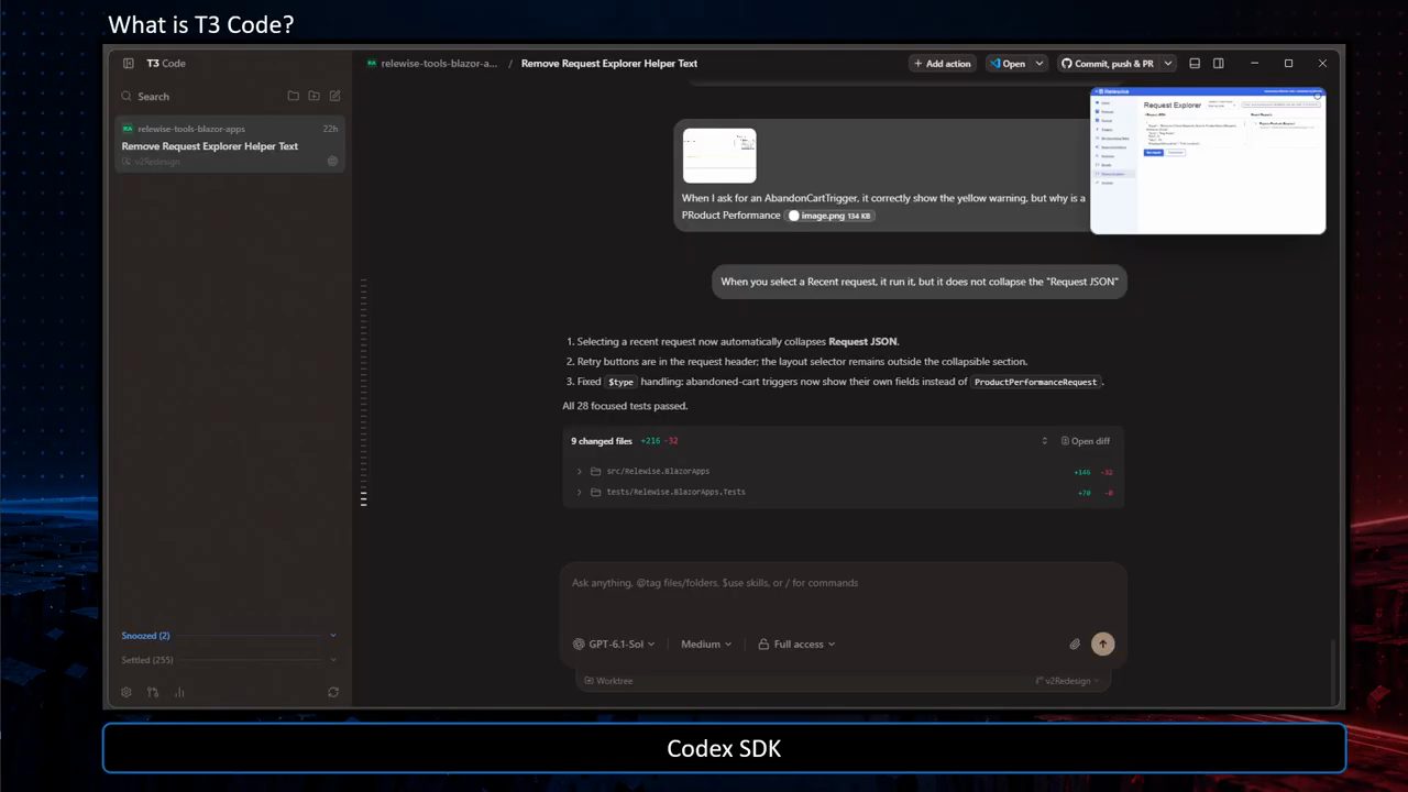 Cửa sổ T3 Code với một thread, chú thích Codex SDK ở dưới