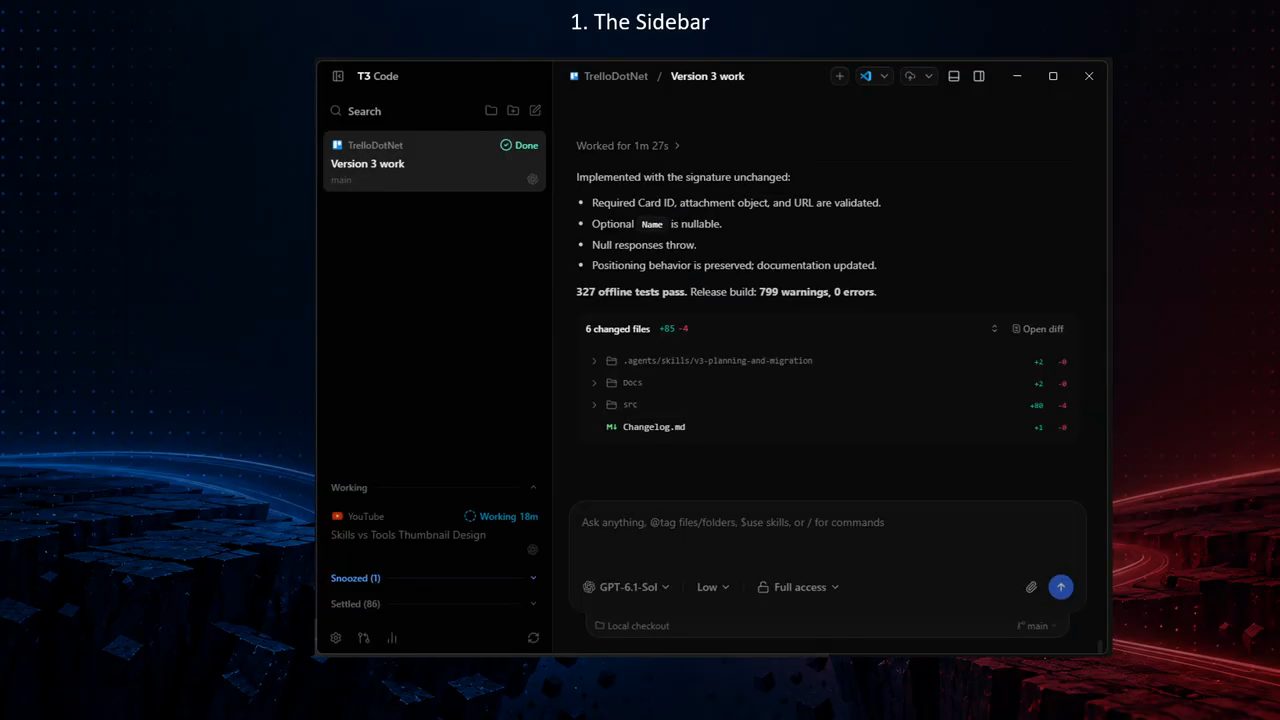 T3 Code: thread Version 3 work đã Done ở trên, một thread YouTube đang Working 18m ở dưới, Snoozed (1) và Settled (86)