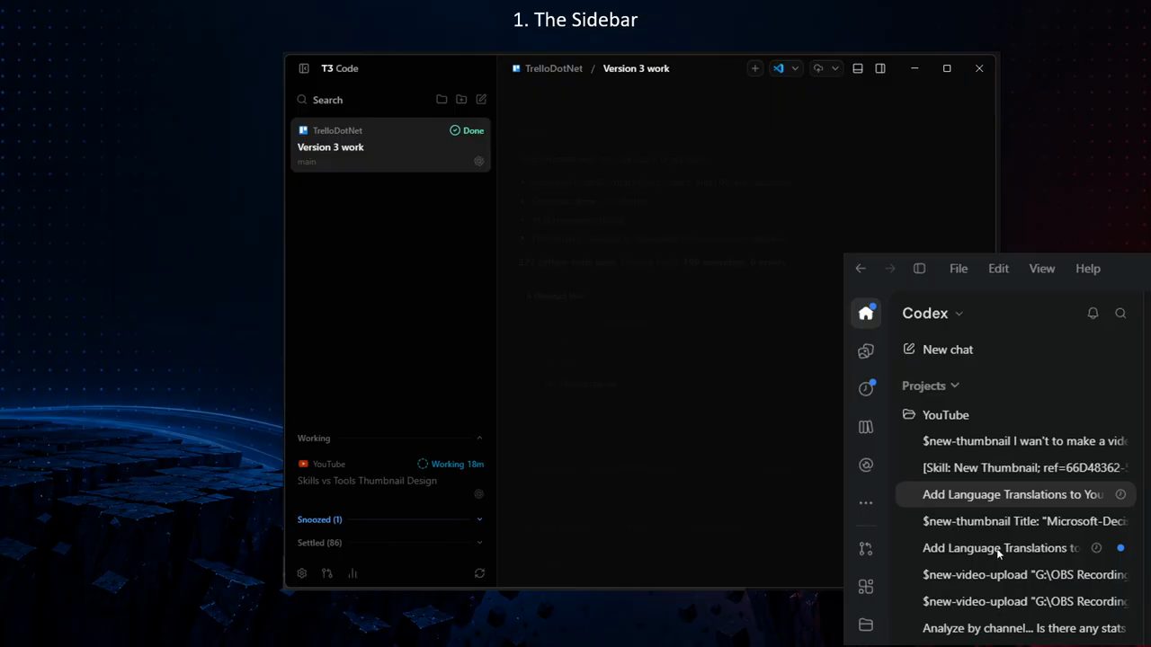 Sidebar T3 Code bên trái, sidebar Codex app bên phải để so sánh