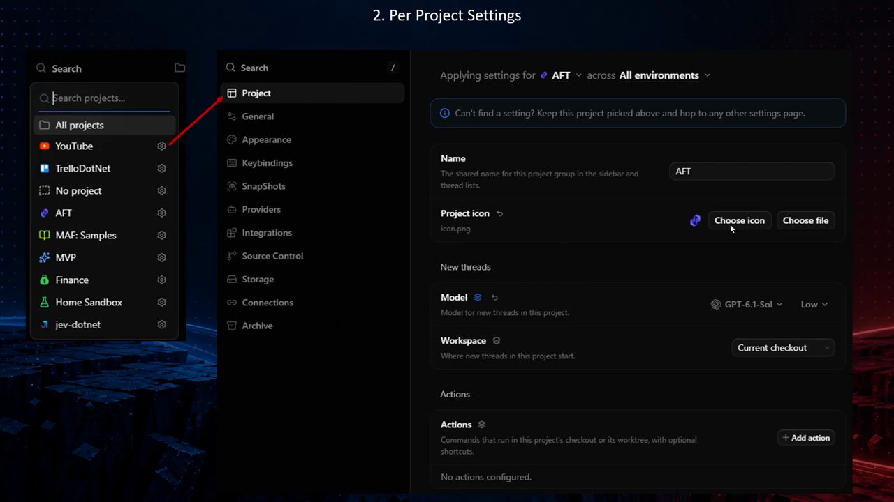 Trang settings Project của T3 Code cho project AFT: Name, Project icon, Model GPT-6.1-Sol Low, Workspace Current checkout, Actions
