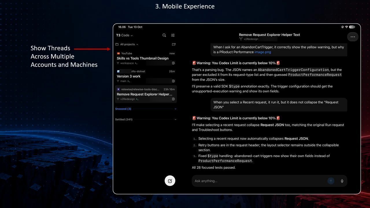 T3 Code trên tablet: danh sách thread từ nhiều project và nhiều máy, bên phải là chat của một thread