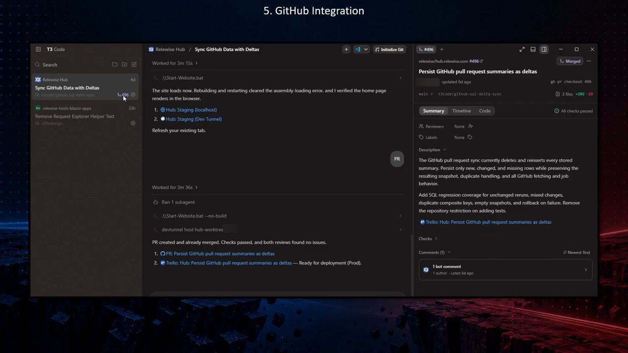 T3 Code: thread Sync GitHub Data with Deltas, bên phải là panel pull request #496 đã Merged
