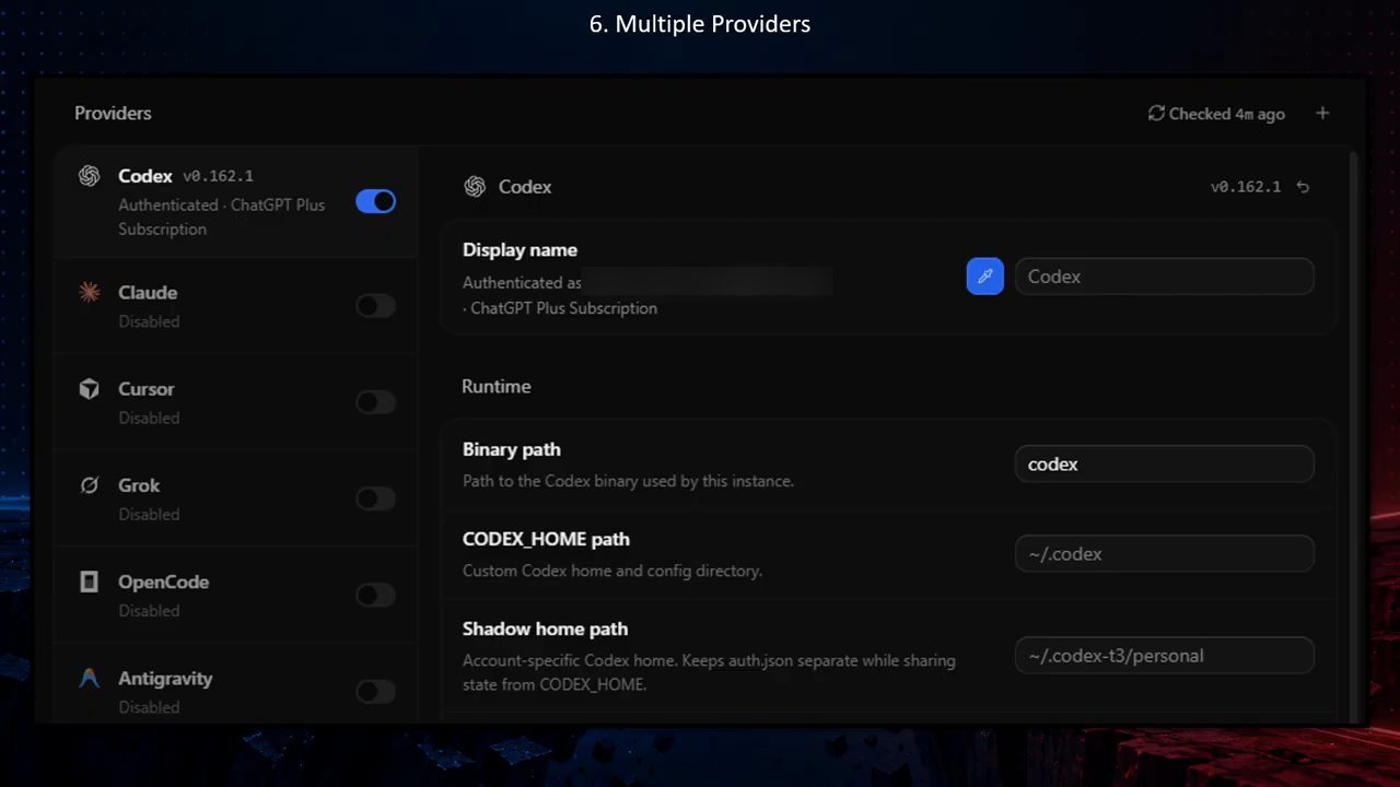 Trang Providers của T3 Code: Codex v0.162.1 đã bật, Claude, Cursor, Grok, OpenCode, Antigravity đang tắt