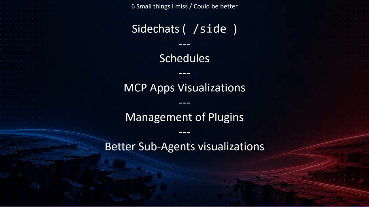 Slide 6 Small things I miss / Could be better: Sidechats (/side), Schedules, MCP Apps Visualizations, Management of Plugins, Better Sub-Agents visualizations