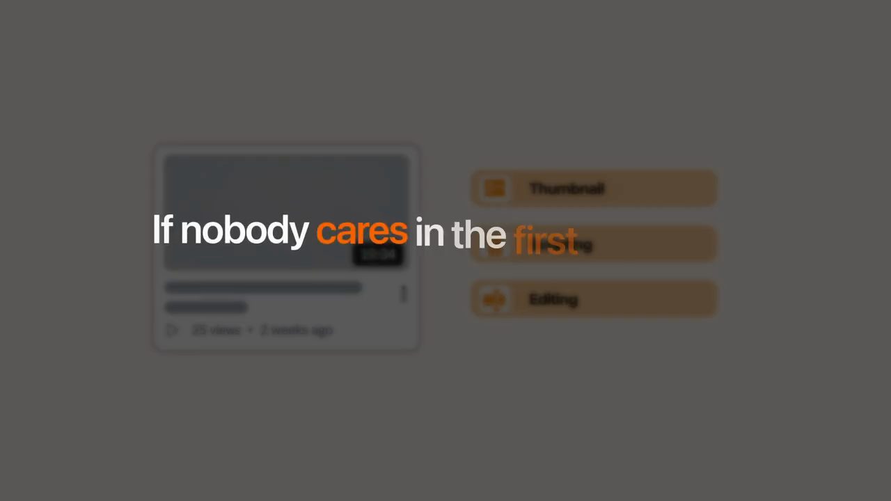 Dòng chữ If nobody cares in the first đè lên một video chỉ có 25 lượt xem và ba ô bị làm mờ, trong đó đọc được Thumbnail và Editing